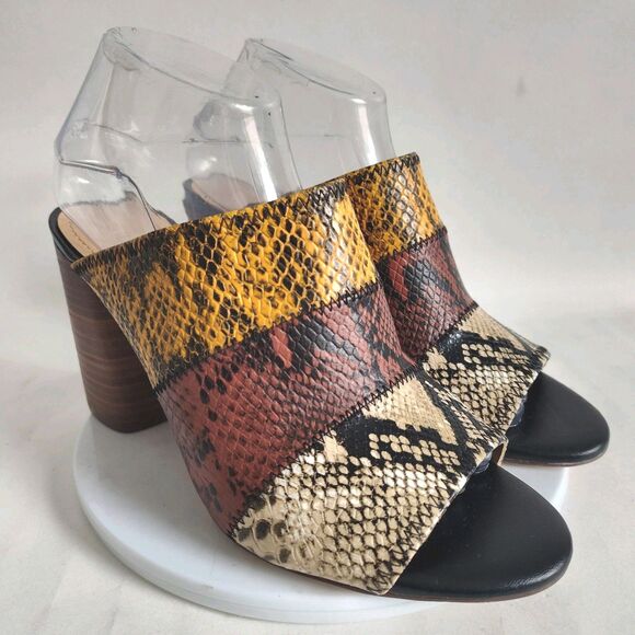 Gibson Latimer Snakeskin Goat Leather Size 9 Open Toe Block Heels Brown Yellow - Picture 6 of 12